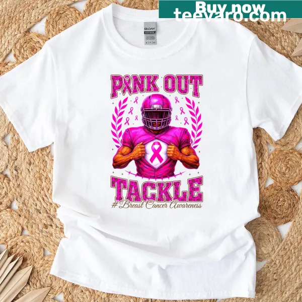 Pink Out Tackle T-shirt promoting Breast Cancer Awareness with football graphic