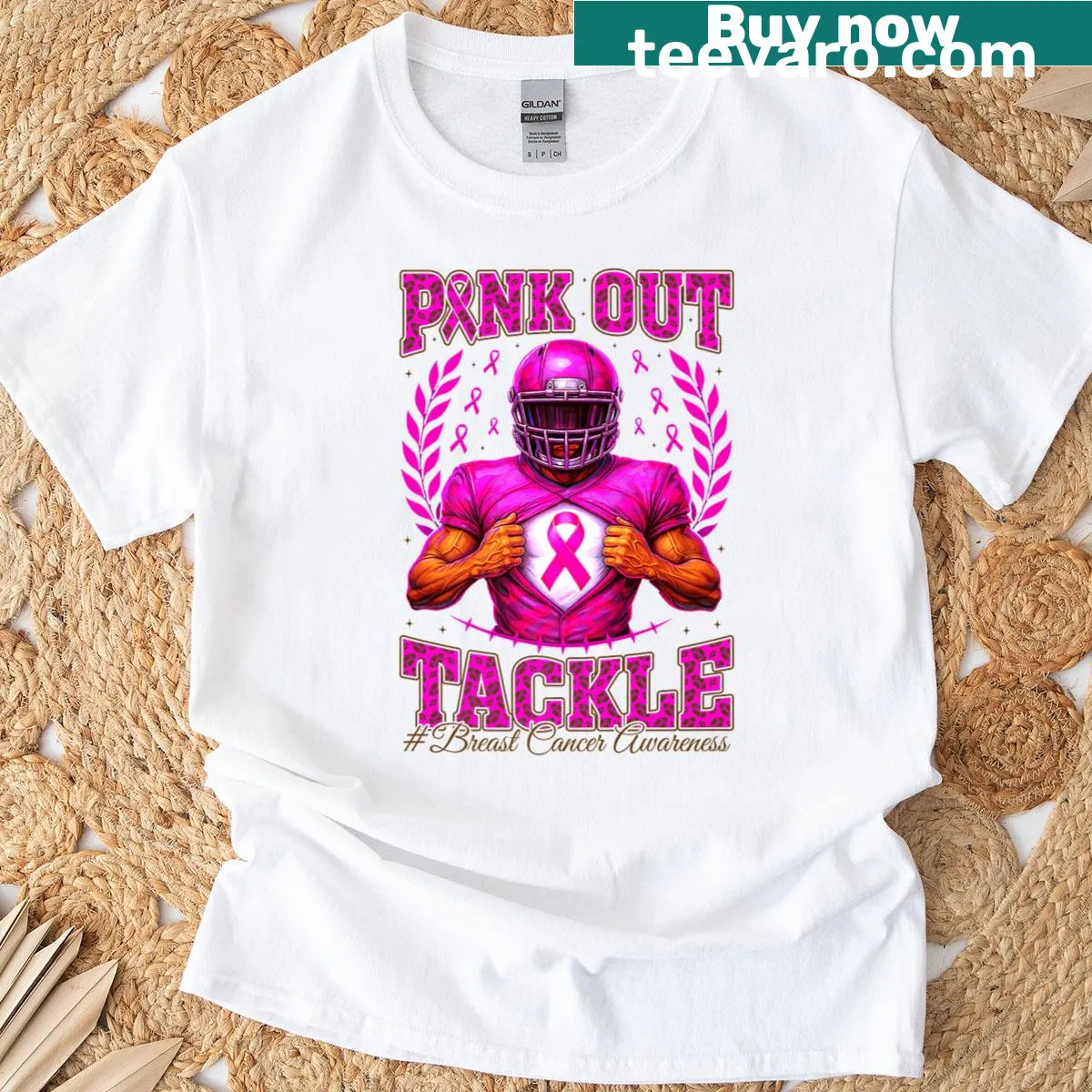 Pink Out Tackle T-shirt promoting Breast Cancer Awareness with football graphic — on a men's t-shirt