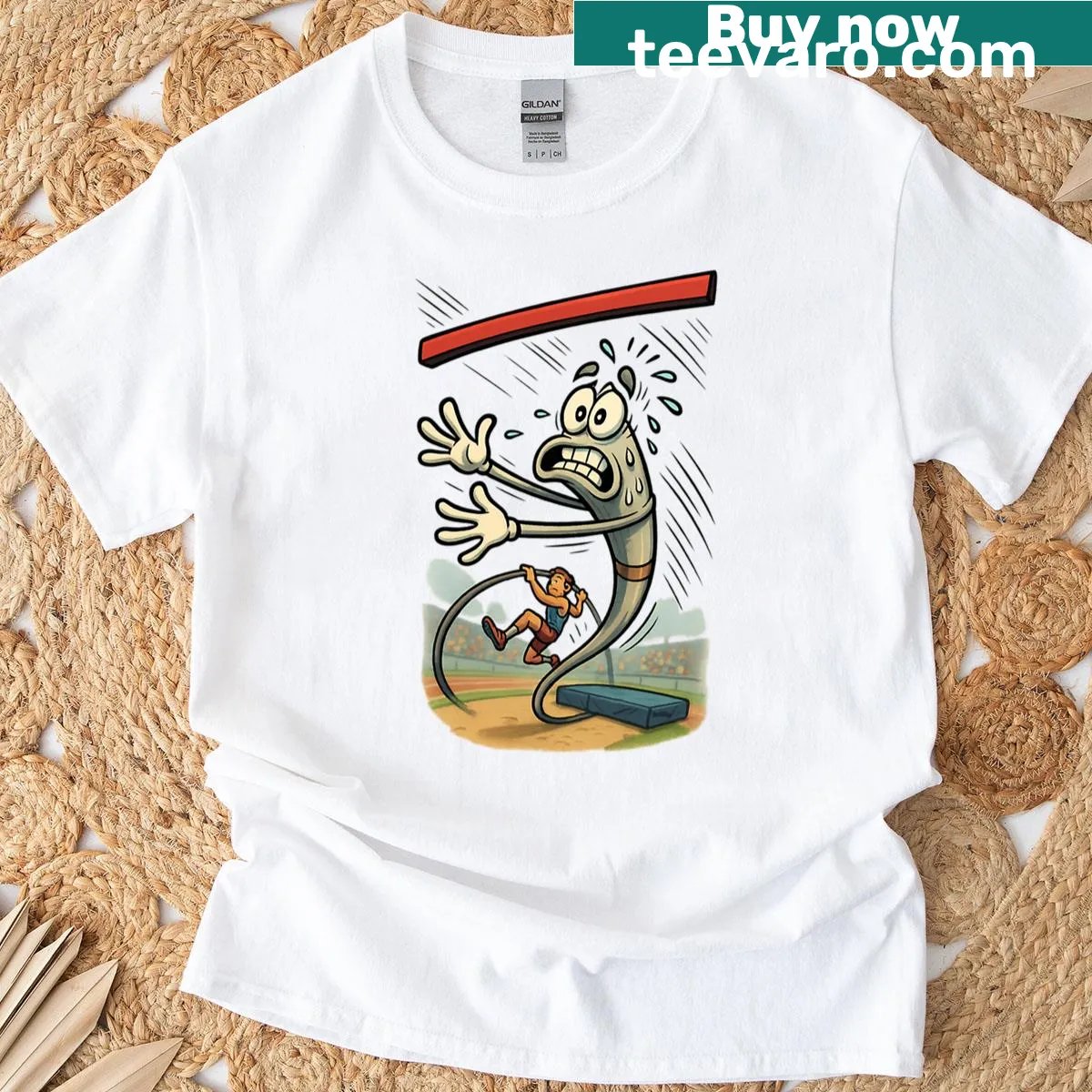 Witty graphic about pole vaulting on a T-shirt — on a men's t-shirt