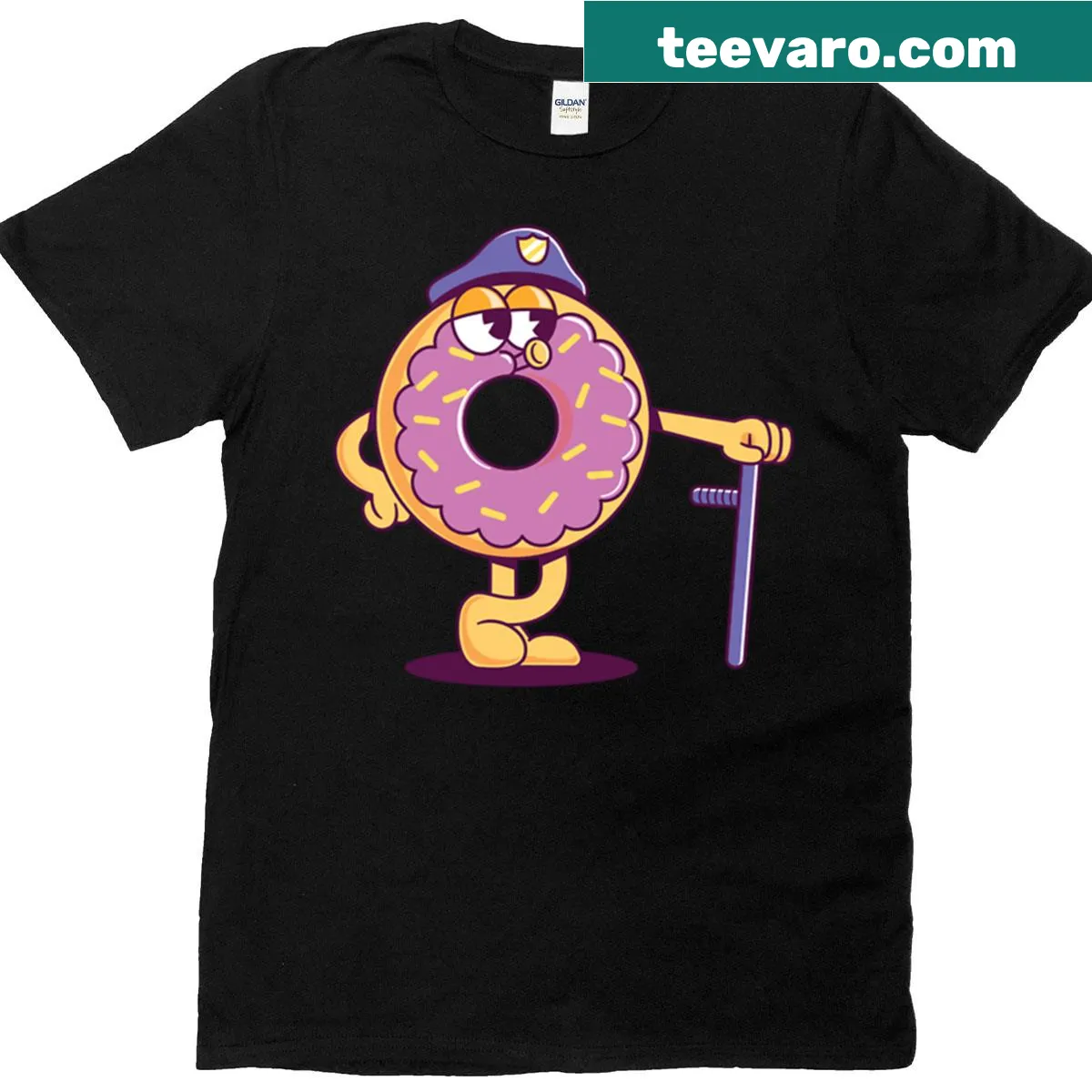 Playful donut with police badge illustration on a shirt — on a men's t-shirt