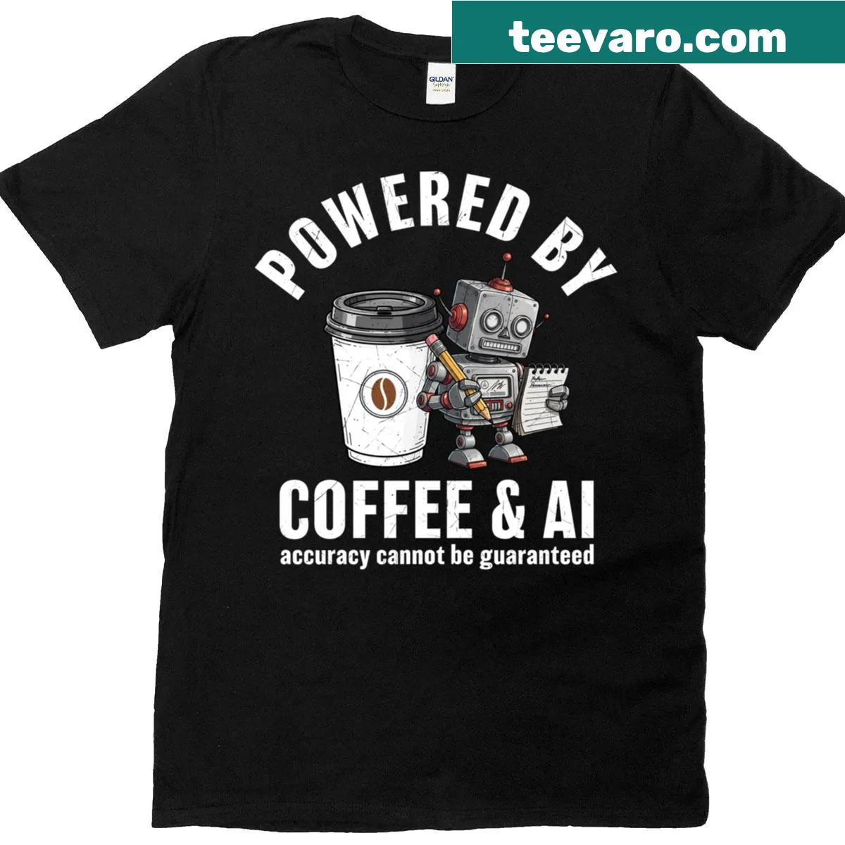 Funny Powered By Coffee And AI t-shirt for caffeine lovers — on a men's t-shirt