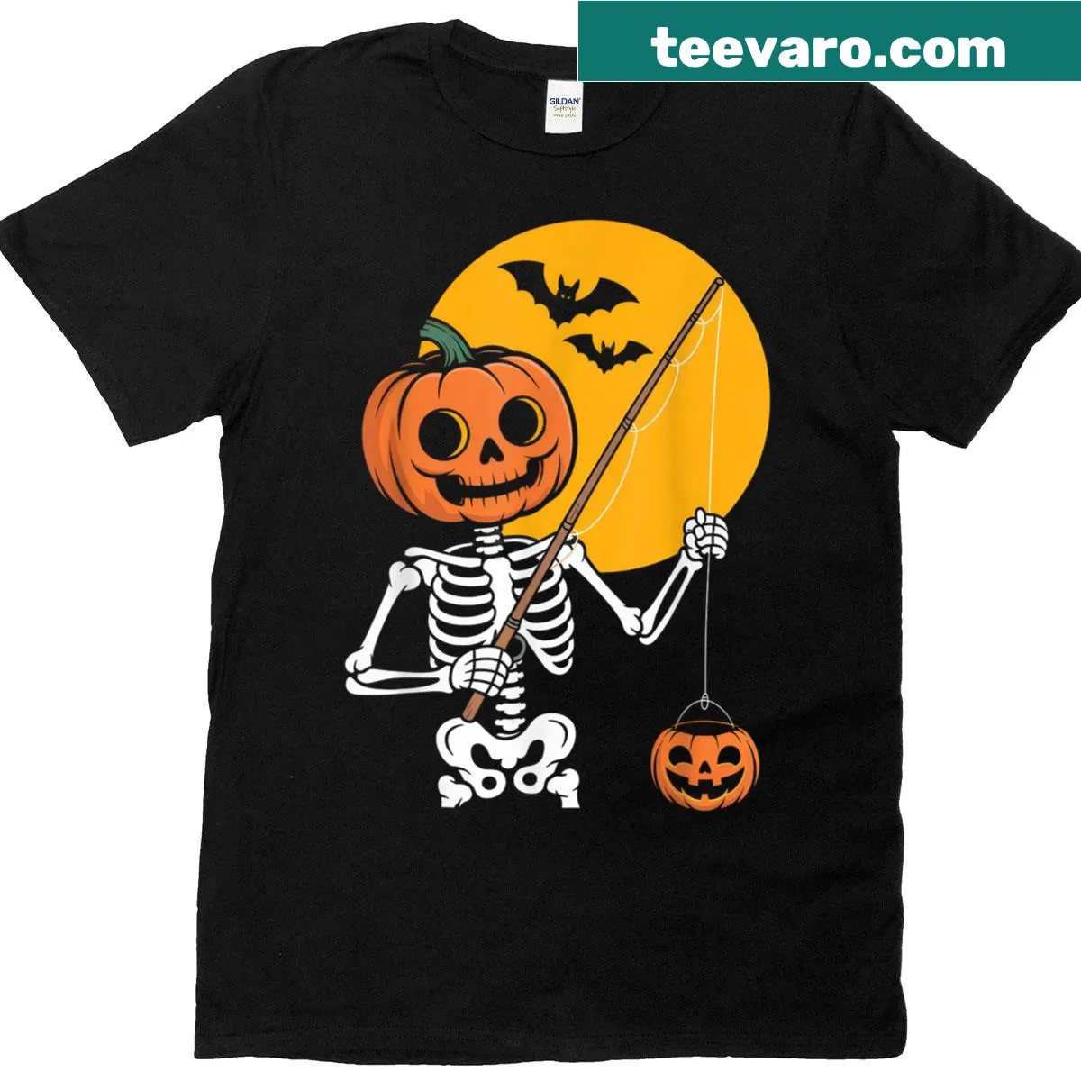 Whimsical pumpkin skeleton design on Halloween t-shirt — on a men's t-shirt