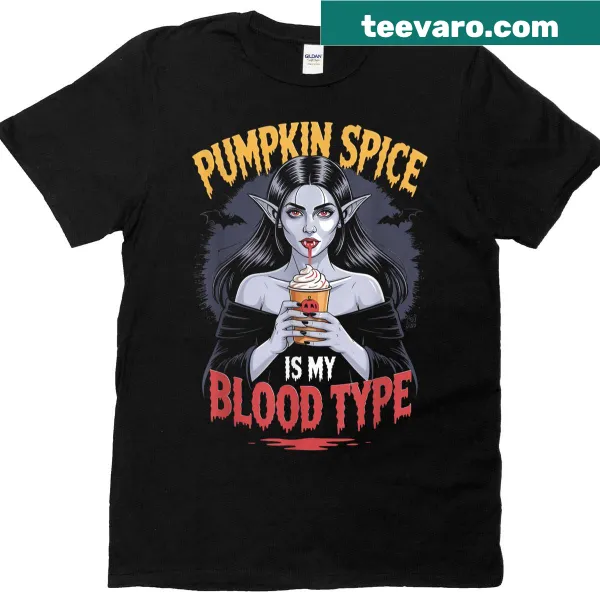 Funny Halloween t-shirt with a pumpkin spice theme and vampire design