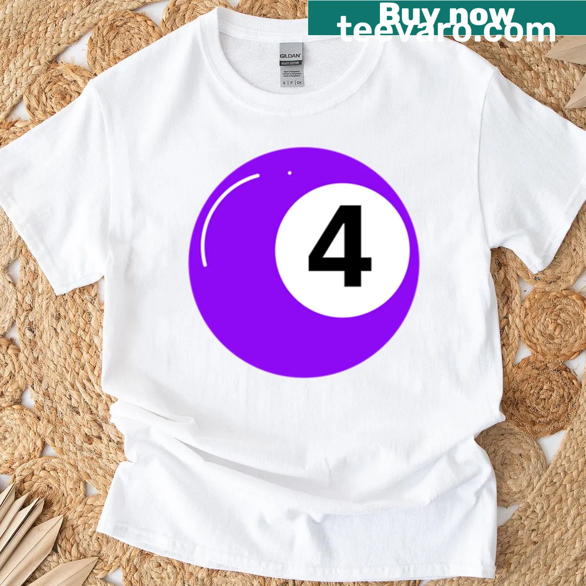 Bingo ball number 4 graphic on a purple t-shirt — on a men's t-shirt