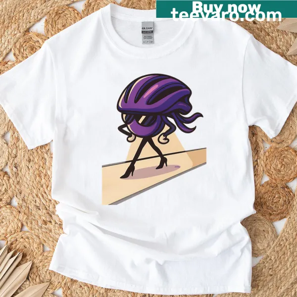 Playful cartoon catwalk t-shirt featuring cats in purple helmets