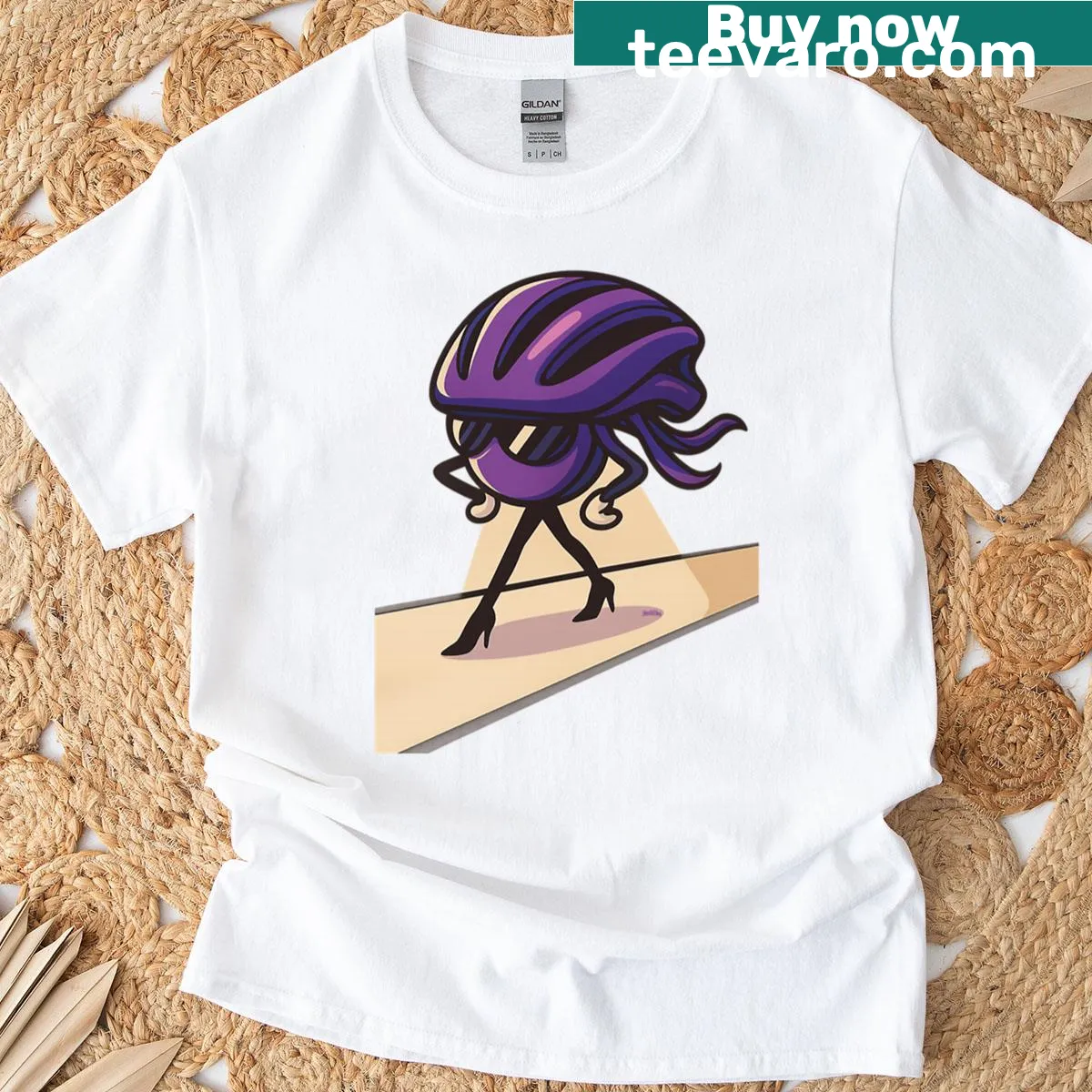 Playful cartoon catwalk t-shirt featuring cats in purple helmets — on a men's t-shirt