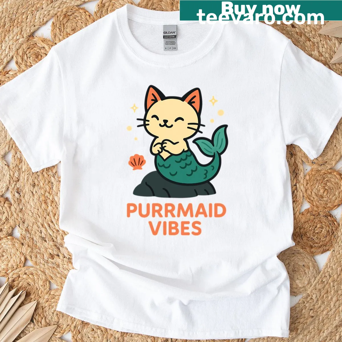 Adorable cat mermaid t-shirt with 'Purrmaid Vibes' text and illustration — on a men's t-shirt