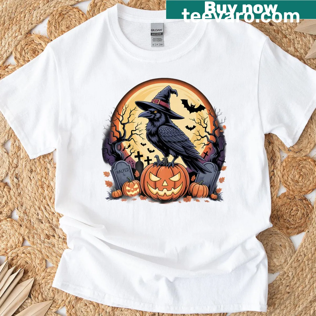 Raven on witch hat with pumpkin and moon Halloween design — on a men's t-shirt