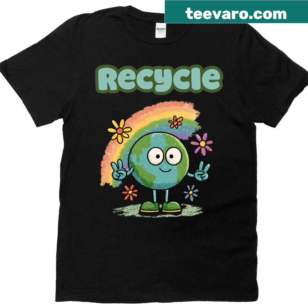 Minimalist recycle symbol graphic on a shirt — on a men's t-shirt