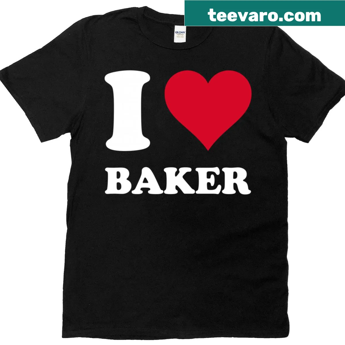 Graphic T-shirt with a red heart and text 'I Love Baker.' — on a men's t-shirt