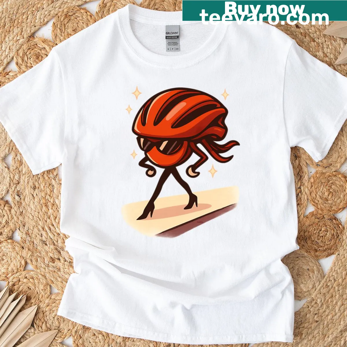 T-shirt with a cartoon cat in a red helmet design — on a men's t-shirt