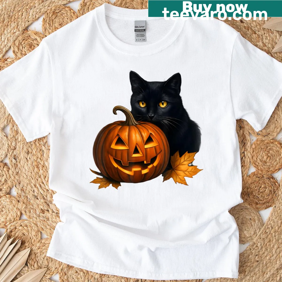 Retro Halloween shirt featuring a black cat and pumpkins — on a men's t-shirt
