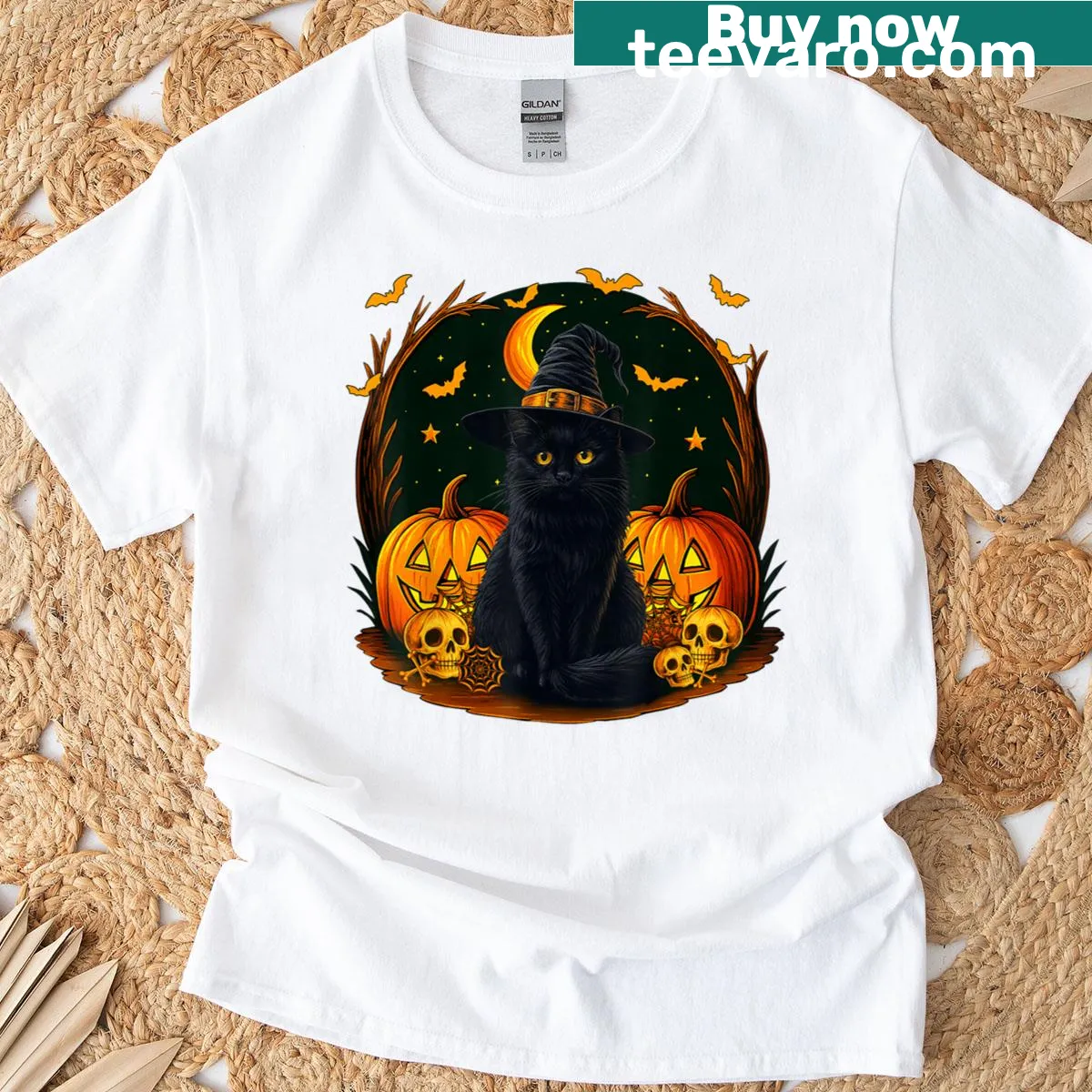 Vintage black cat witch Halloween T-shirt with pumpkin design — on a men's t-shirt