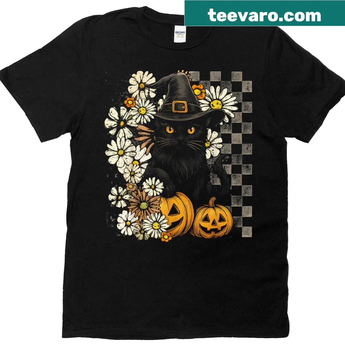 Cat witch graphic T-shirt with floral and pumpkin Halloween theme — on a men's t-shirt