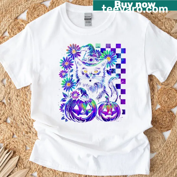 Whimsical Halloween T-shirt with witch cat and pumpkins