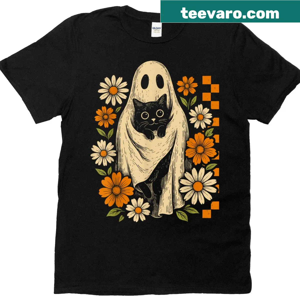 Retro Halloween t-shirt featuring a ghost, cat, and pumpkin design — on a men's t-shirt