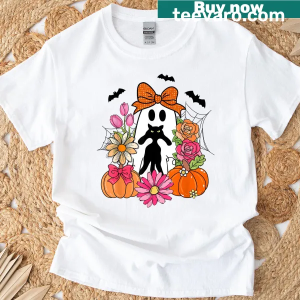 Cute Halloween T-shirt with ghost, black cat, and pumpkin design