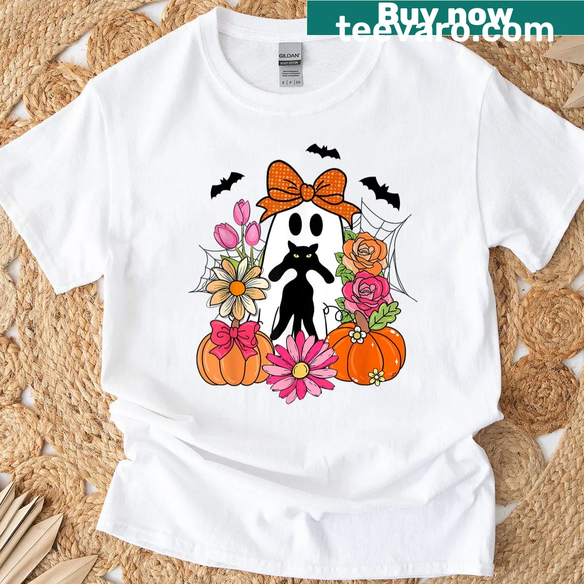 Cute Halloween T-shirt with ghost, black cat, and pumpkin design — on a men's t-shirt