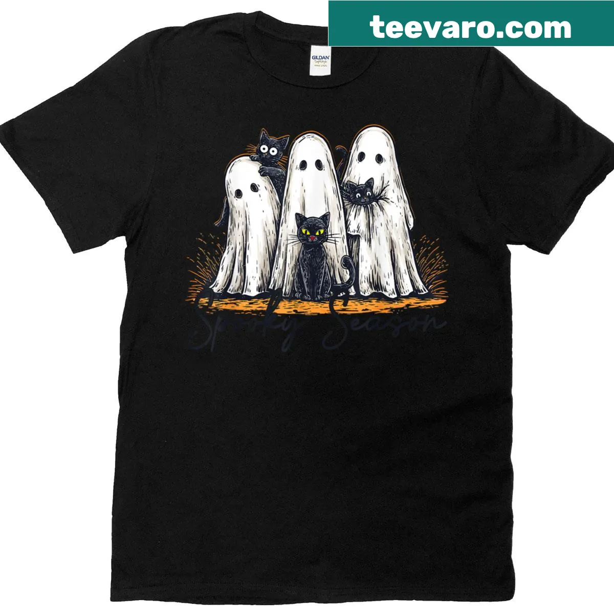 Cartoon ghost and black cat design for Halloween — on a men's t-shirt