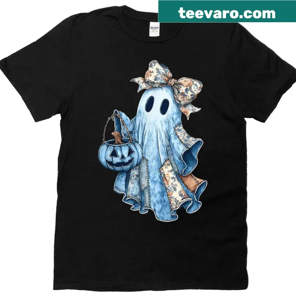 Retro Halloween T-shirt with a floral patchwork ghost design