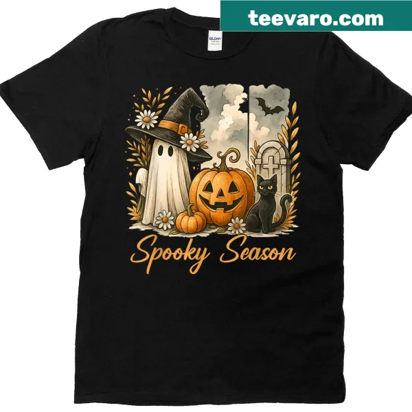 Vintage Halloween T-shirt with a ghost, black cat, and pumpkins design