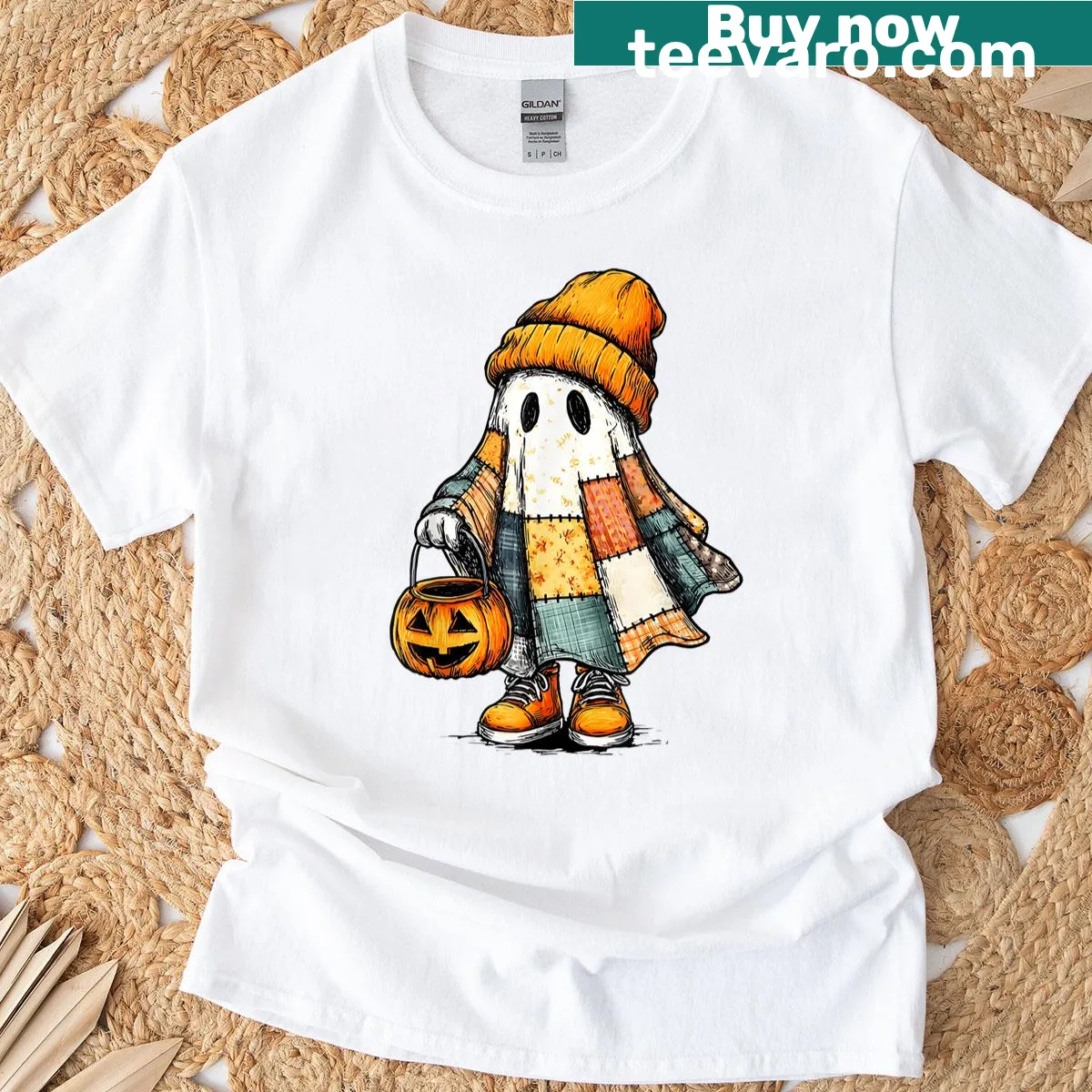 Patchwork ghost design on a retro Halloween T-shirt — on a men's t-shirt
