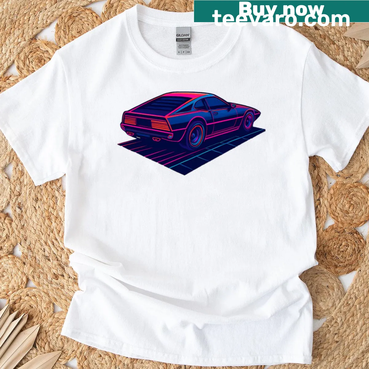T-shirt featuring retro neon vintage car graphic — on a men's t-shirt