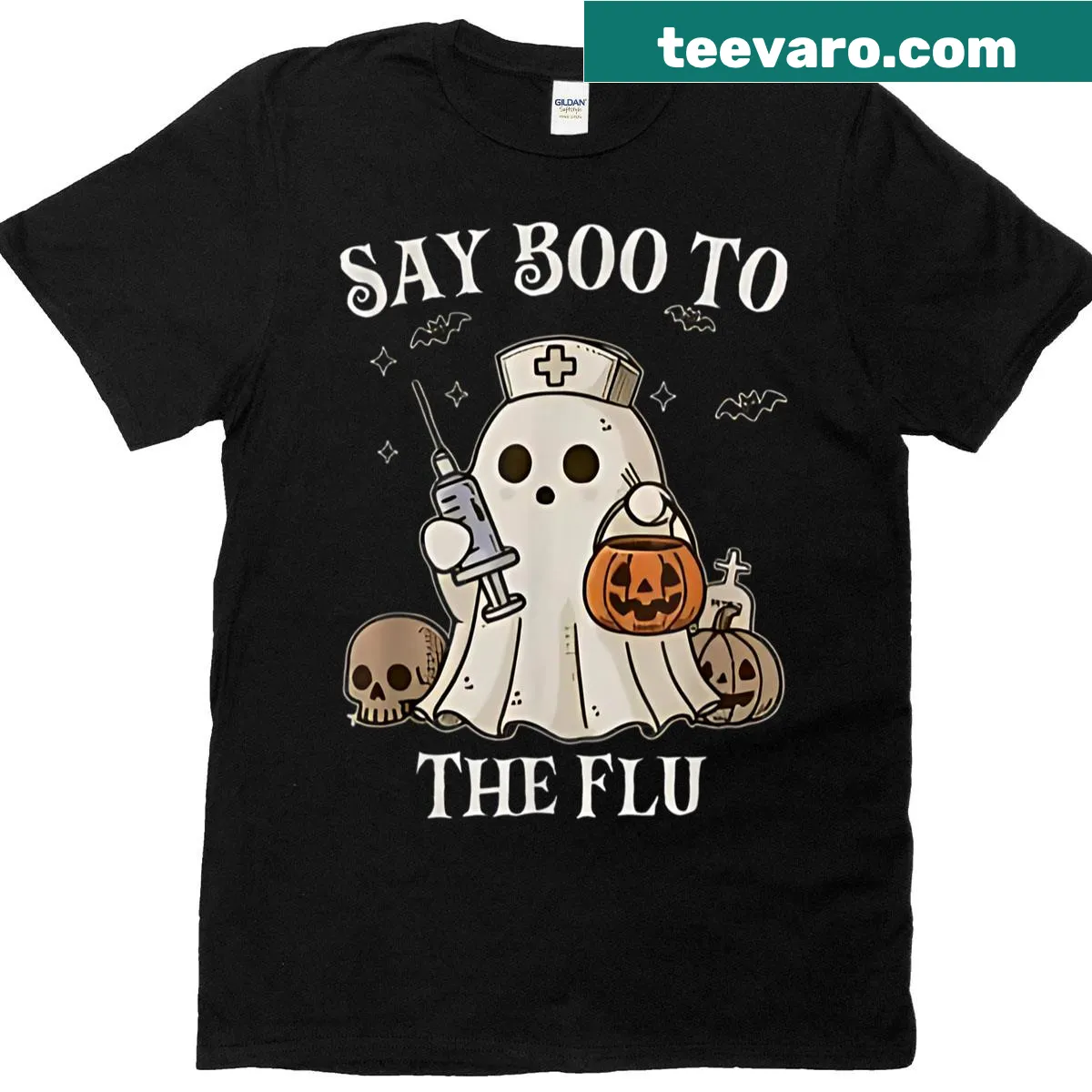 Ghost nurse graphic with 'Say Boo To The Flu' text — on a men's t-shirt