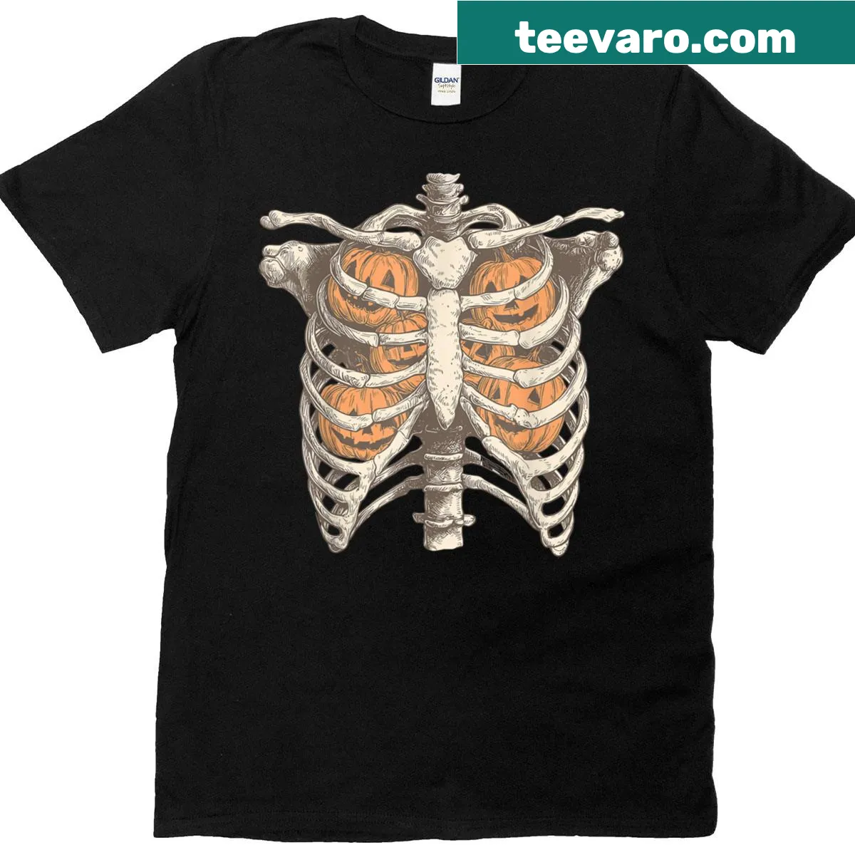 Vintage-style T-shirt featuring a skeleton and pumpkin graphic — on a men's t-shirt