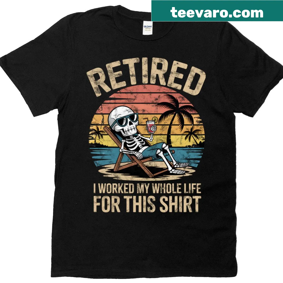 Vintage-style T-shirt with a skeleton graphic enjoying a vacation — on a men's t-shirt