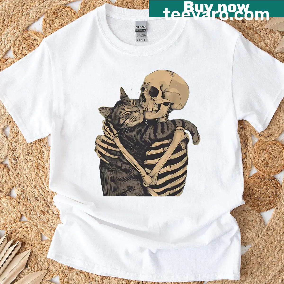 Halloween t-shirt with skeleton hugging a cat design — on a men's t-shirt