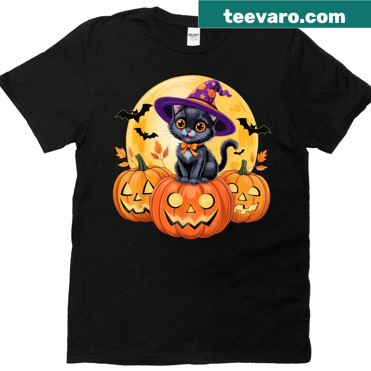 Retro black cat and pumpkin Halloween t-shirt — on a men's t-shirt