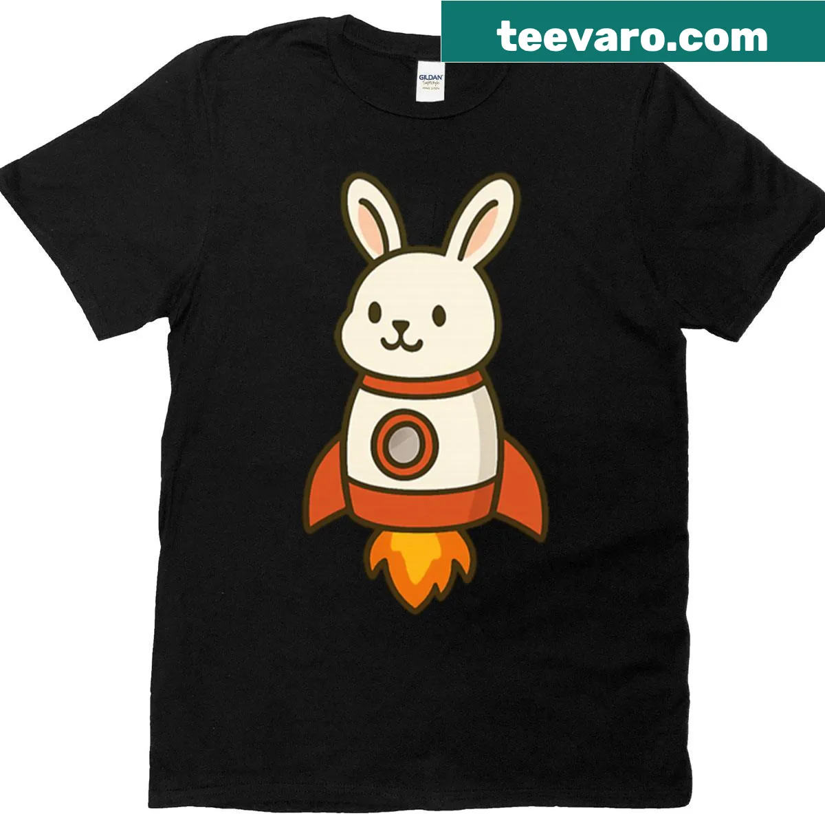 Cartoon rocket rabbit flying through space on a playful tee — on a men's t-shirt