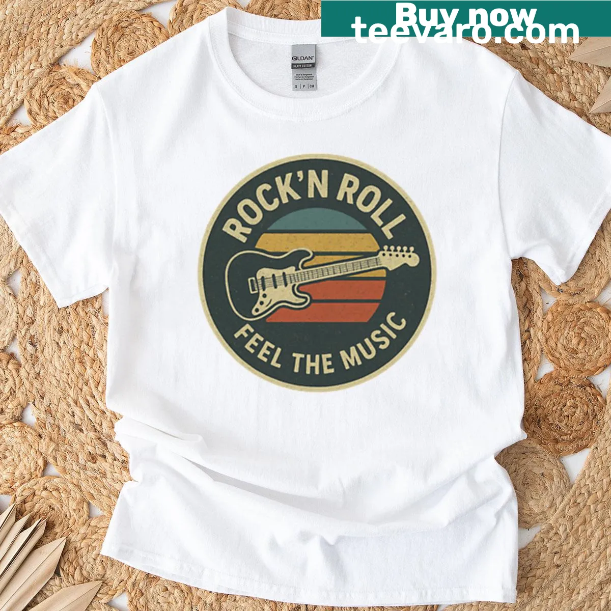 Retro badge t-shirt with 'Feel The Music' text for music lovers — on a men's t-shirt