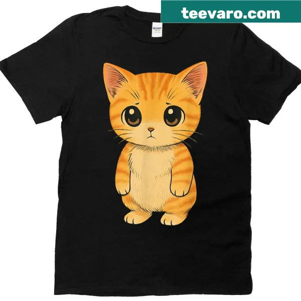 Kawaii sad cat meme graphic t-shirt with anime elements.