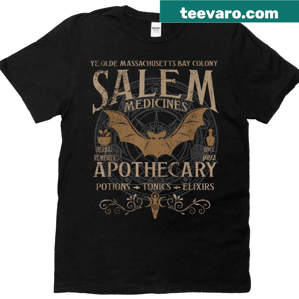 Beige t-shirt featuring apothecary and witch motifs from Salem 1692 — on a men's t-shirt