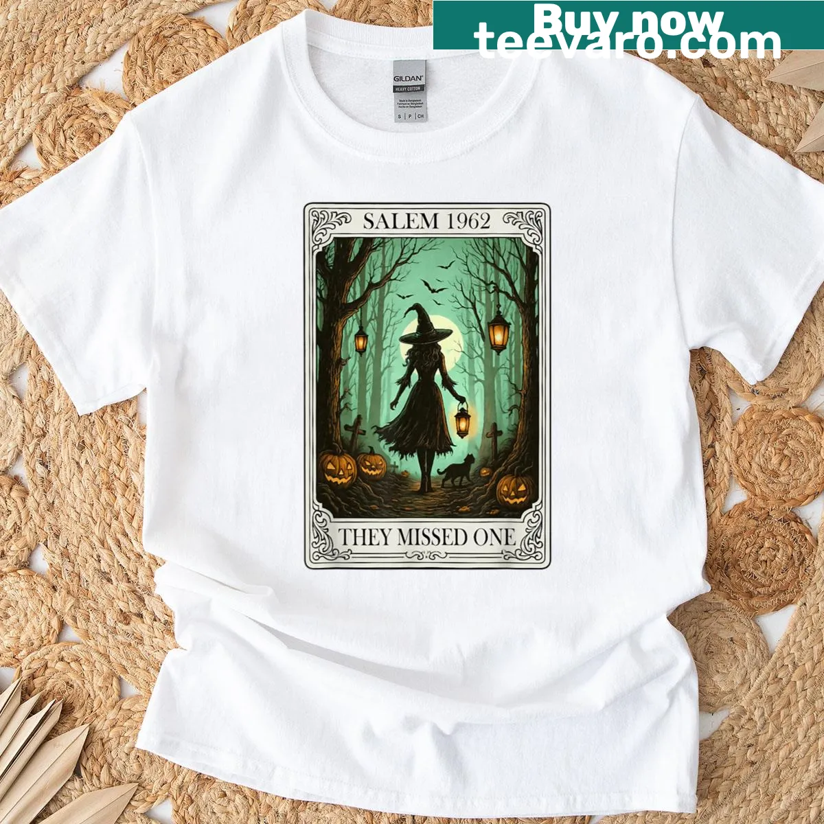 Illustration of a witch and tarot card on Halloween t-shirt — on a men's t-shirt