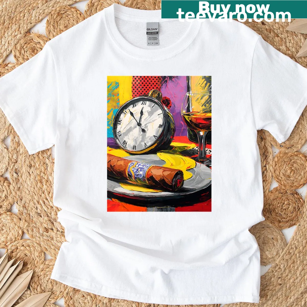 T-shirt celebrating whiskey and cigars in a surreal design — on a men's t-shirt