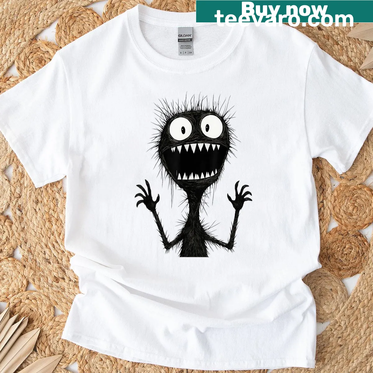 Illustrative horror T-shirt with a scary monster and sharp teeth — on a men's t-shirt