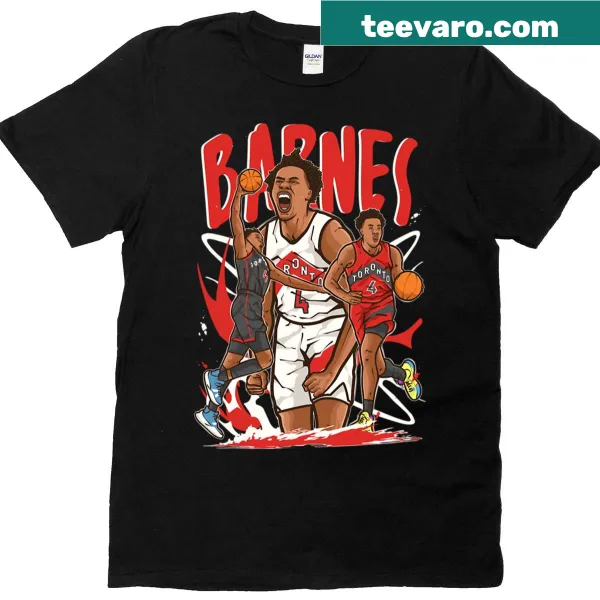 Cartoon illustration of Scottie Barnes on a T-shirt.
