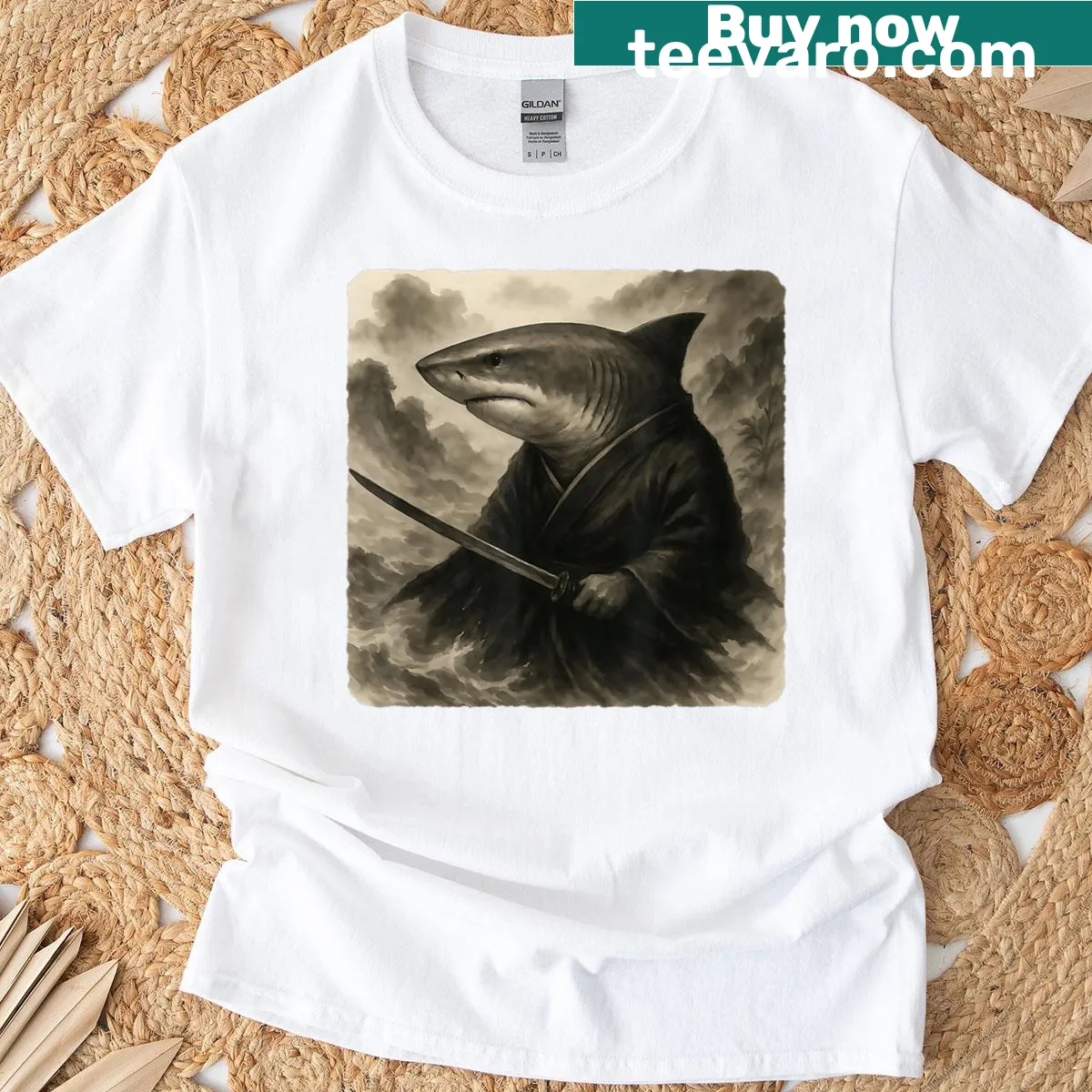 Vintage-style T-shirt with a samurai shark and katana in sumi-e art — on a men's t-shirt