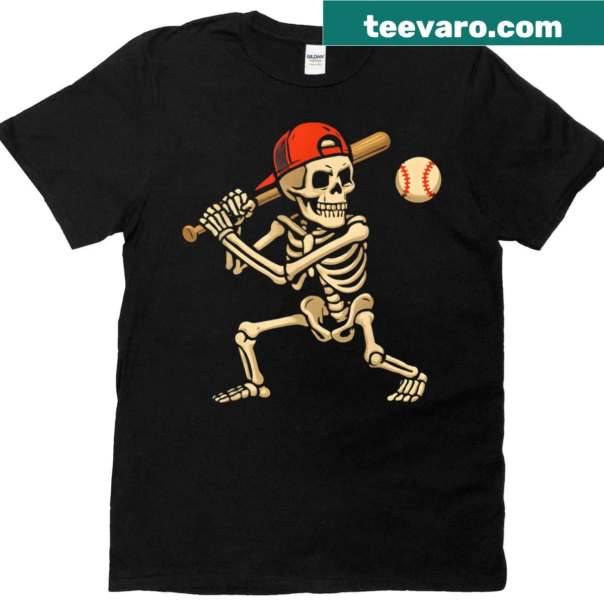 Halloween t-shirt featuring a skeleton playing baseball — on a men's t-shirt