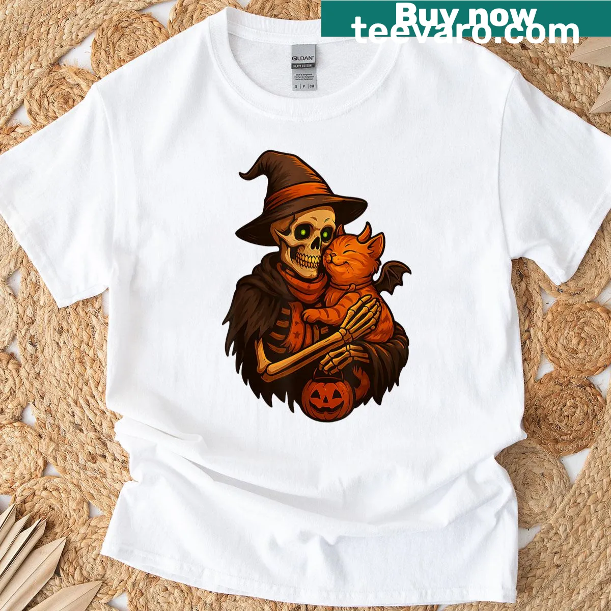Skeleton cat on a pumpkin design for Halloween t-shirt — on a men's t-shirt
