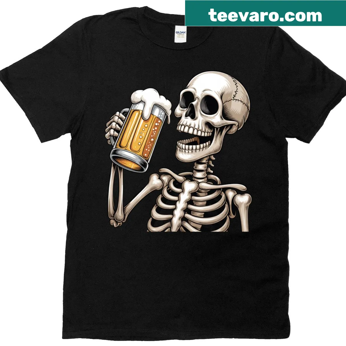 Skeleton enjoying a beer in a Halloween-themed graphic — on a men's t-shirt