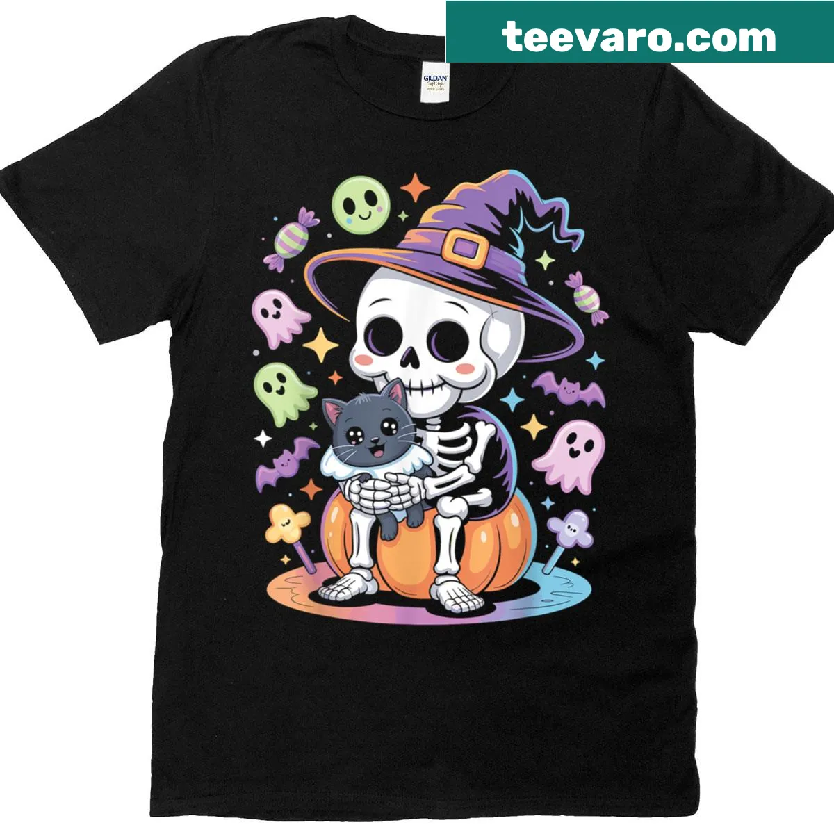 Funny Halloween T-shirt with a skeleton hugging a cute cat. — on a men's t-shirt