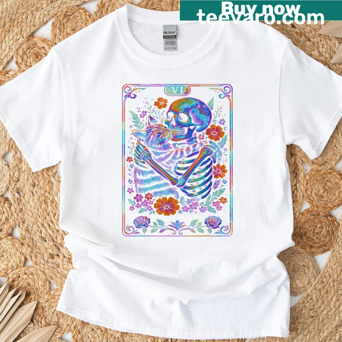 Cute skeleton hugging a cat with floral tarot card design on a t-shirt. — on a men's t-shirt