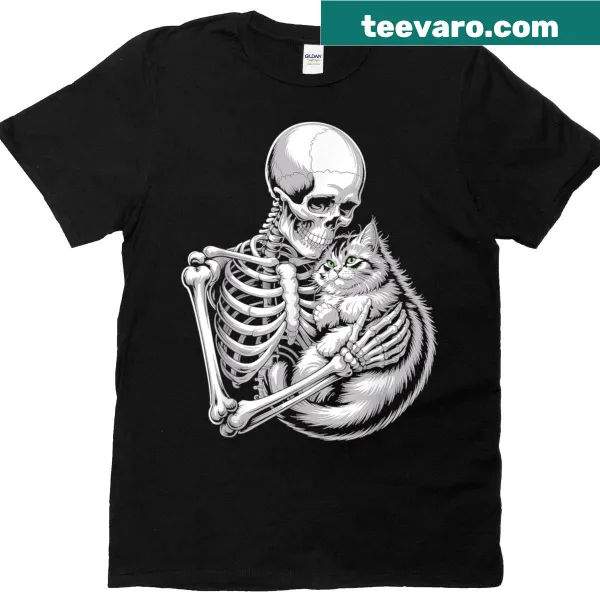 Skeleton hugging a cat illustration for Halloween.