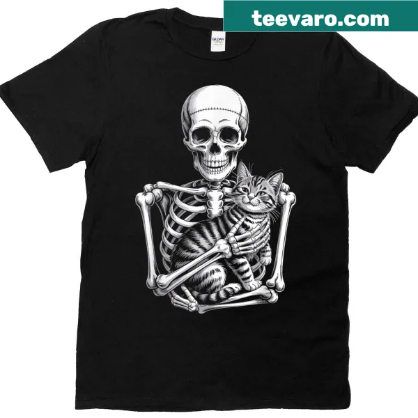 Funny Halloween t-shirt with skeleton hugging a cat design for all