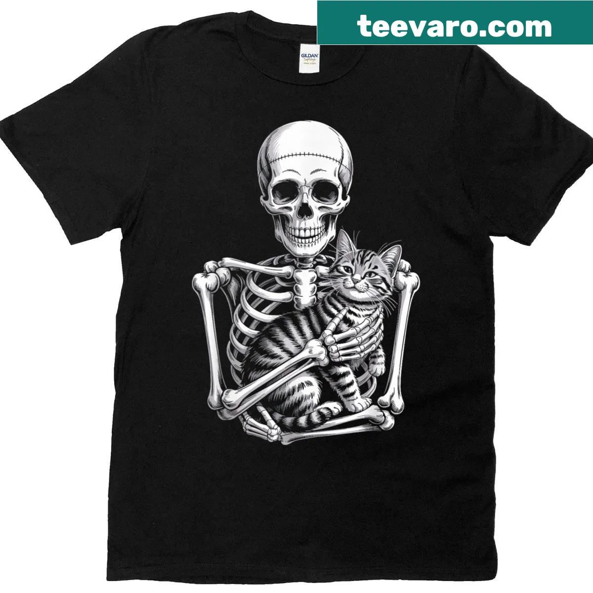 Funny Halloween t-shirt with skeleton hugging a cat design for all — on a men's t-shirt
