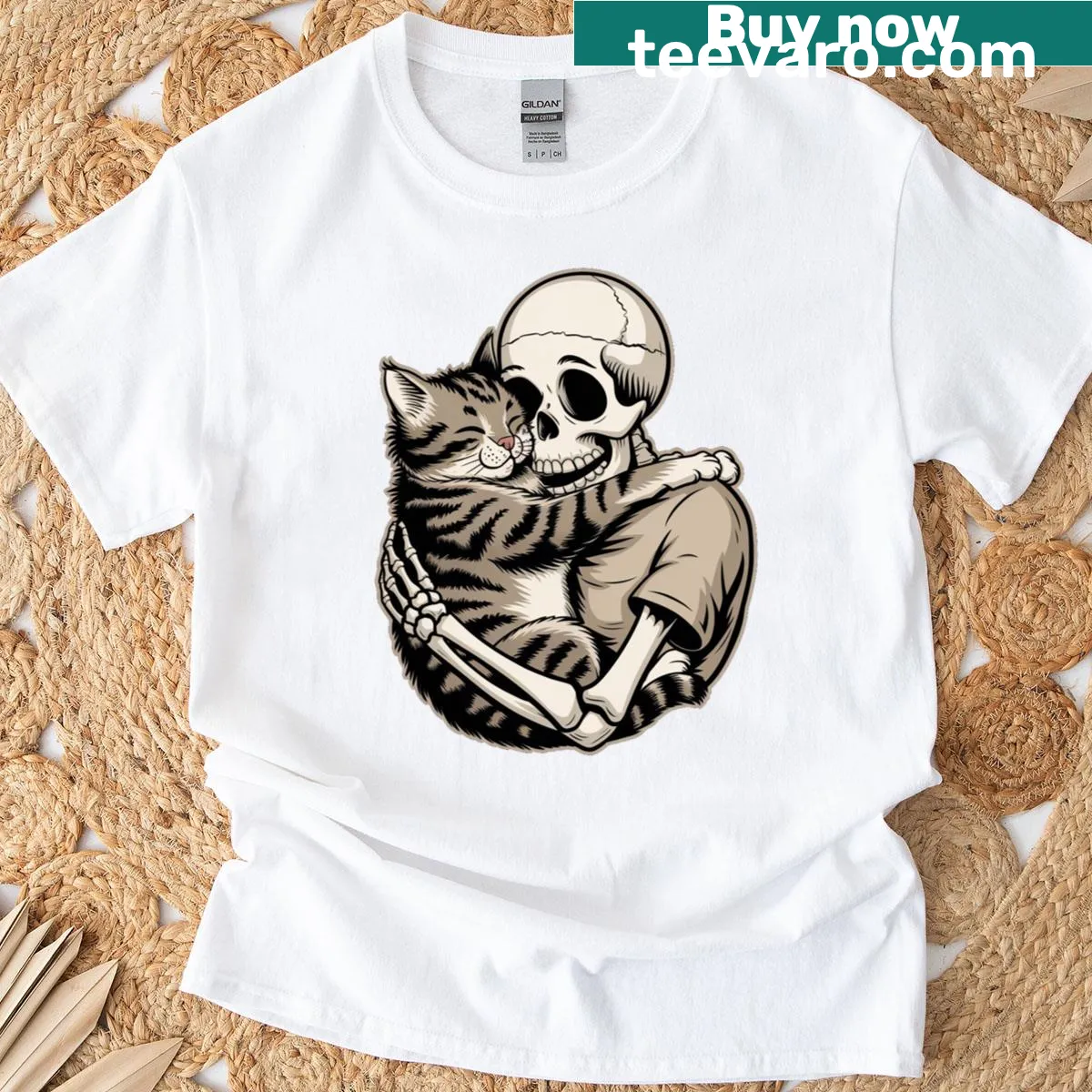 Funny Halloween shirt featuring a skeleton hugging a cat. — on a men's t-shirt